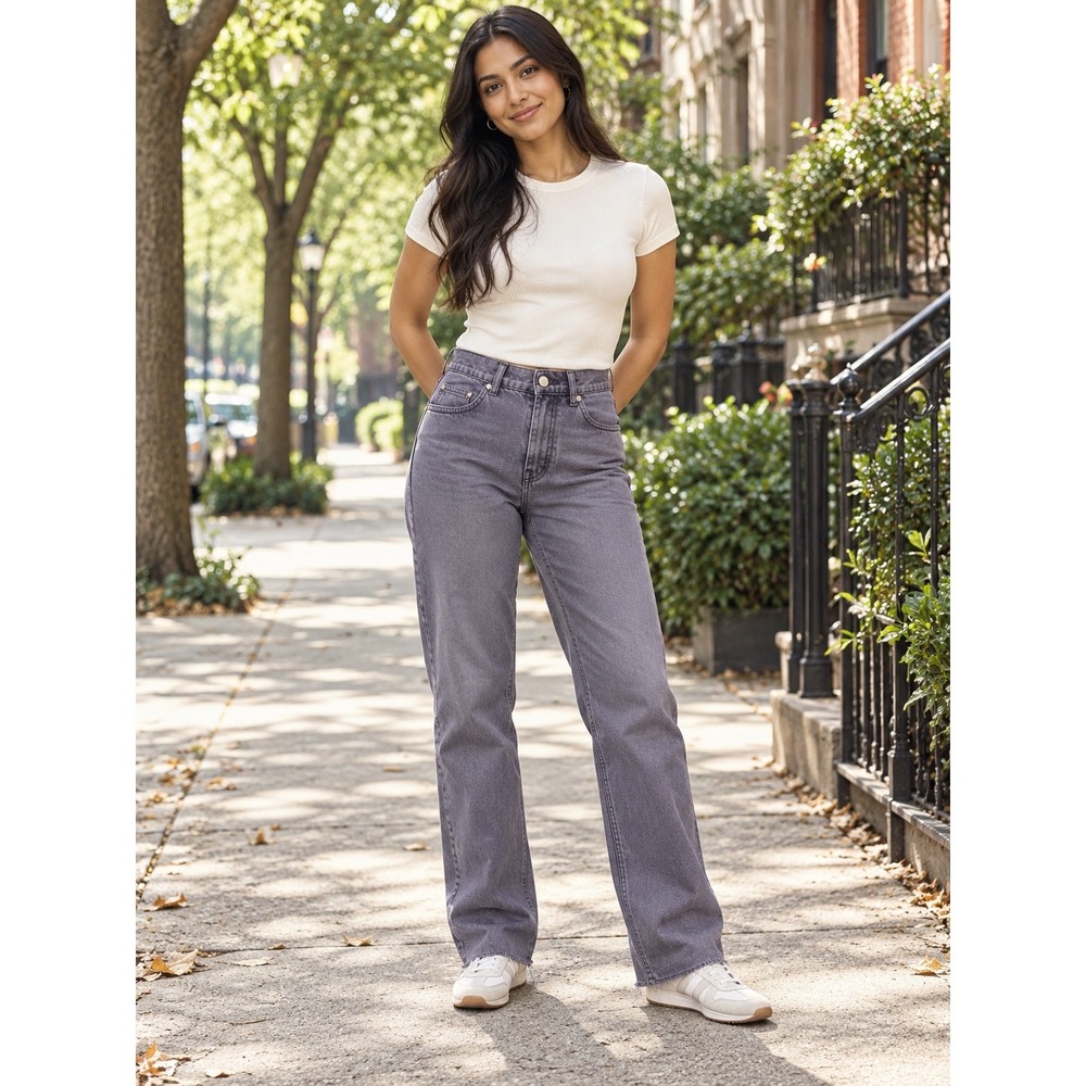 ASOS DESIGN High Rise Straight Leg Jeans Gray Purple Button Fly Raw Hem 26/32